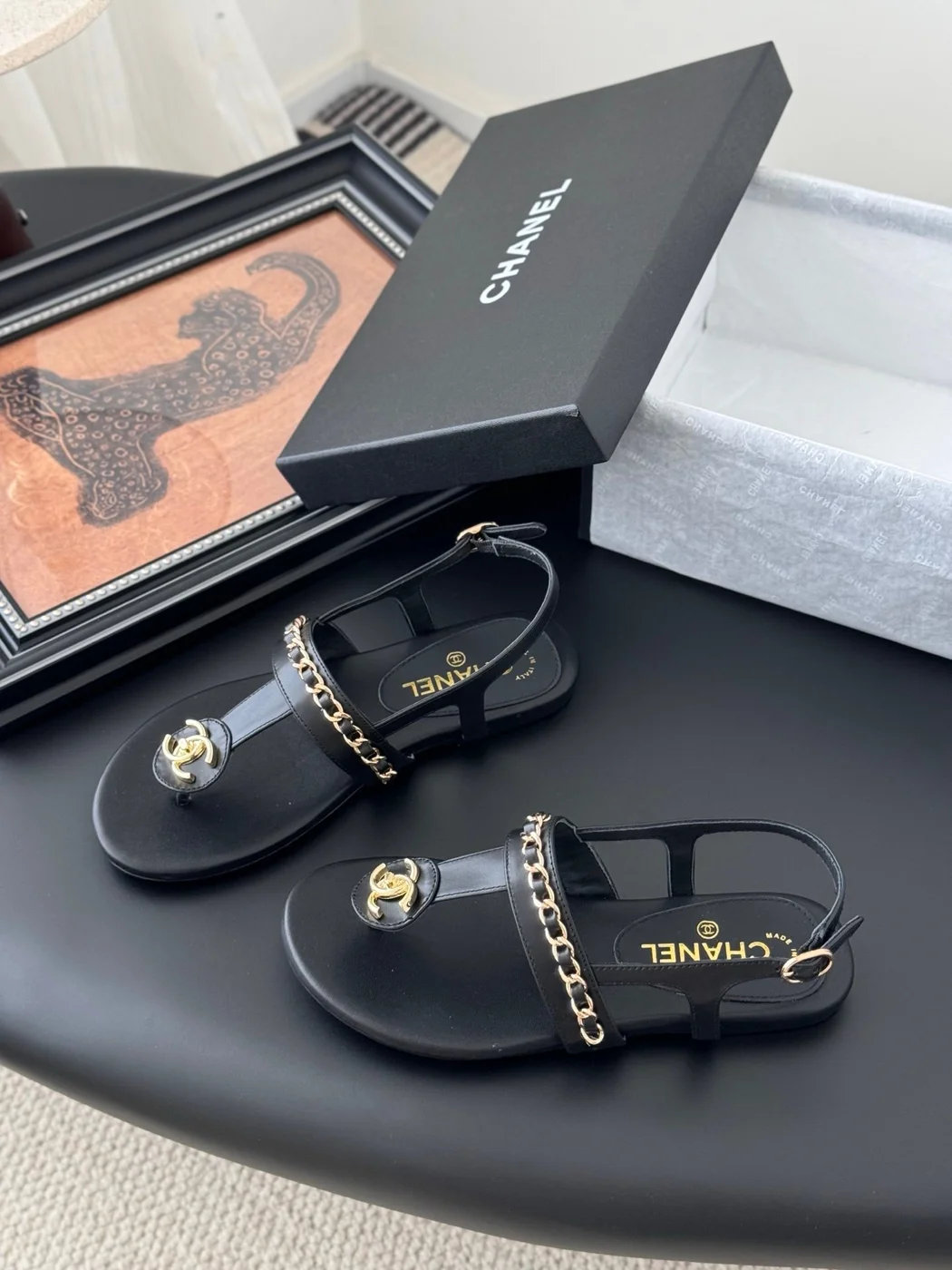 Chanel Women Black Leather Chain Detail Flat Sandals product view 2