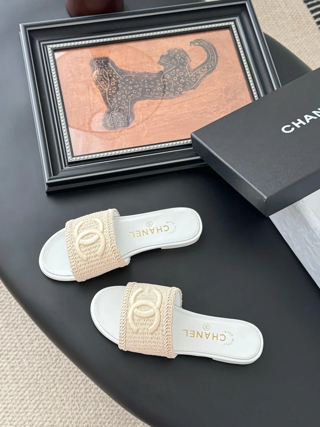 Chanel Women Woven-Fabric Slides — Beige with White Flat Sole product view 6
