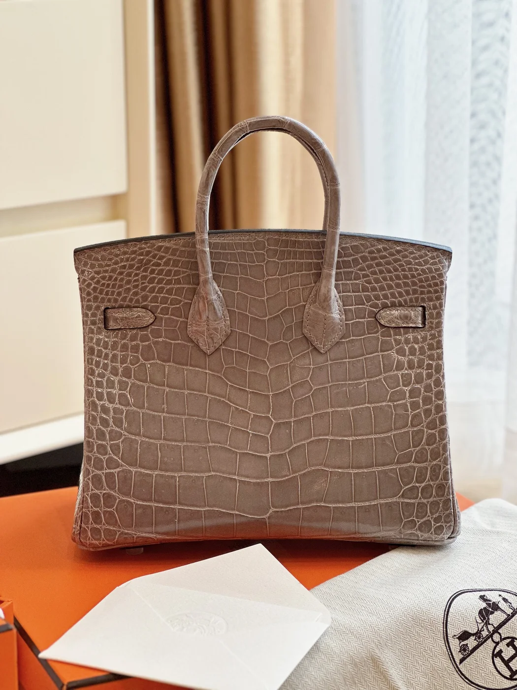 Hermès Etoupe Birkin 25 Porosus Crocodile Leather Palladium Hardware Bag product view 5