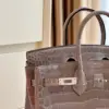 Hermès Etoupe Birkin 25 Porosus Crocodile Leather Palladium Hardware Bag product view 3