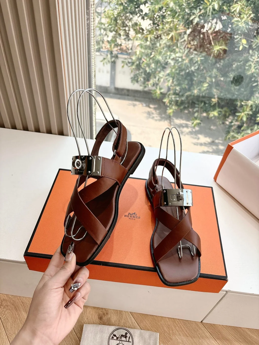 Hermès Women Brown Sandals — Buckle-Detail T-Strap product view 6