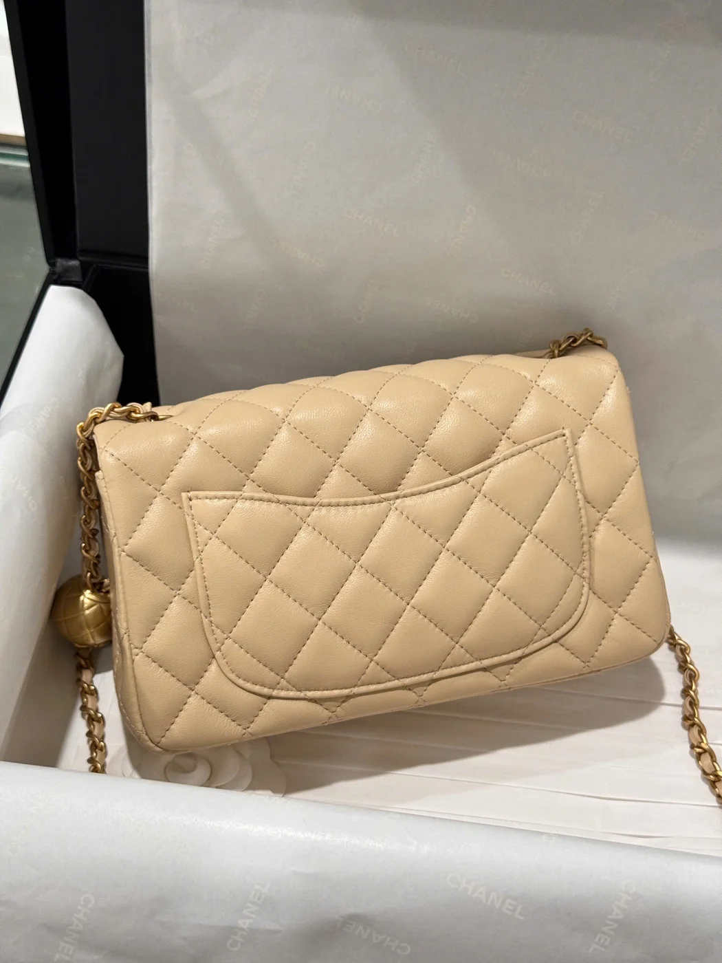 Chanel Classic Bell Bag Handbags Beige Leather Lock Gold 20 cm product view 4