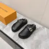 Louis Vuitton Women Black Leather Mules — Round Gold-Tone Buckle Detail product view 1