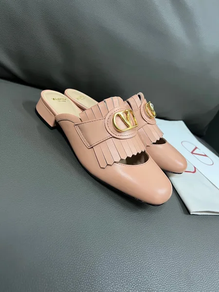 Valentino Women Peach Pink Leather Fringe Mules product photo