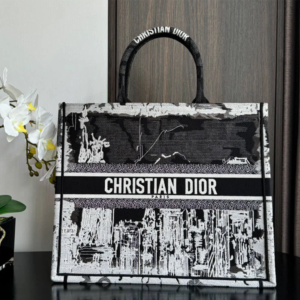 Dior Medium Book Tote — Black and White Landscape Pattern product view 1