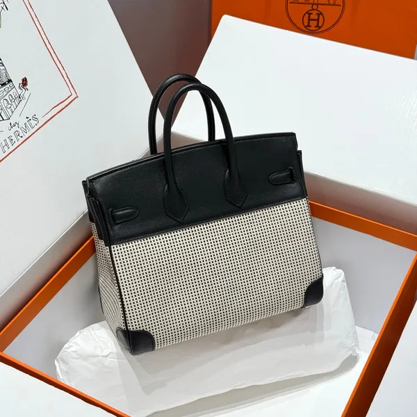 Hermès Birkin 25 cm In Black Swift White Black Plaid Toile Canvas (Custom-Made) Bag product view 2