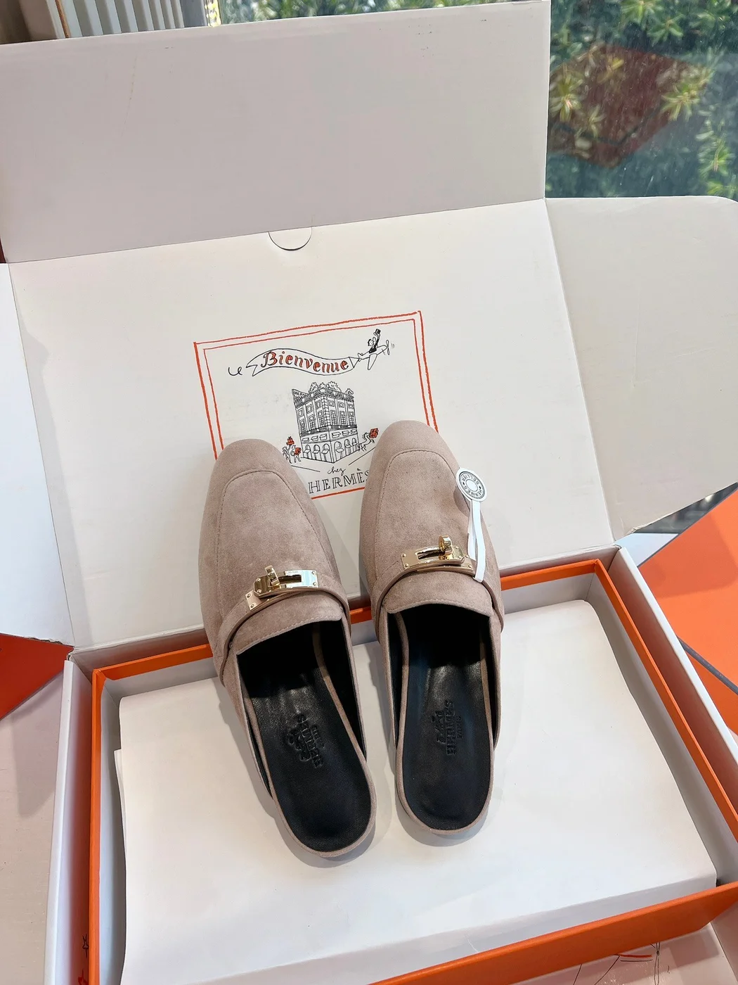Hermès Women Beige Suede Mules — Metal-Bar Loafer Style product view 4