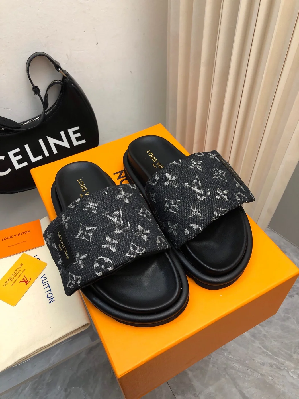 Louis Vuitton Women Black Canvas Monogram Slide Sandals product view 1