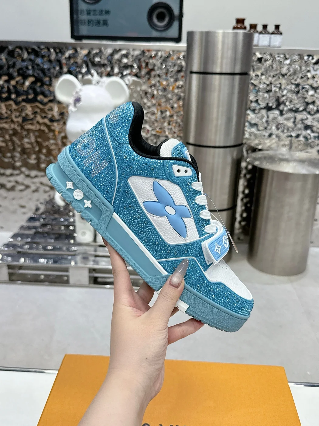Louis Vuitton Women Sneakers — White and Turquoise Blue product view 4