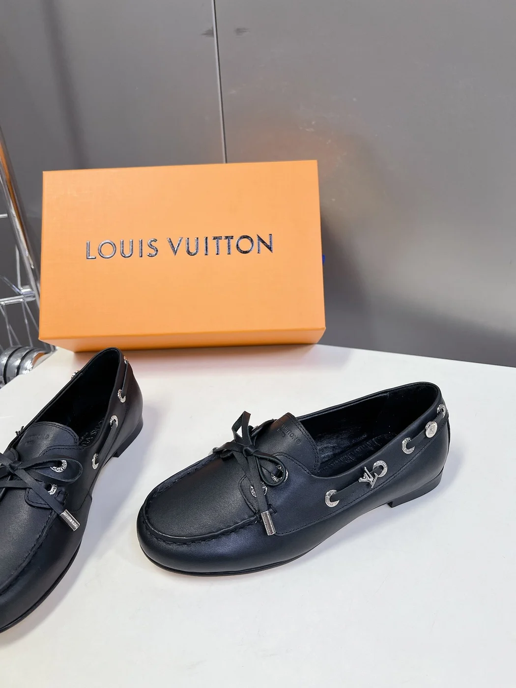 Louis Vuitton Women Black Leather Loafers — Metal-Bar Detail product view 4