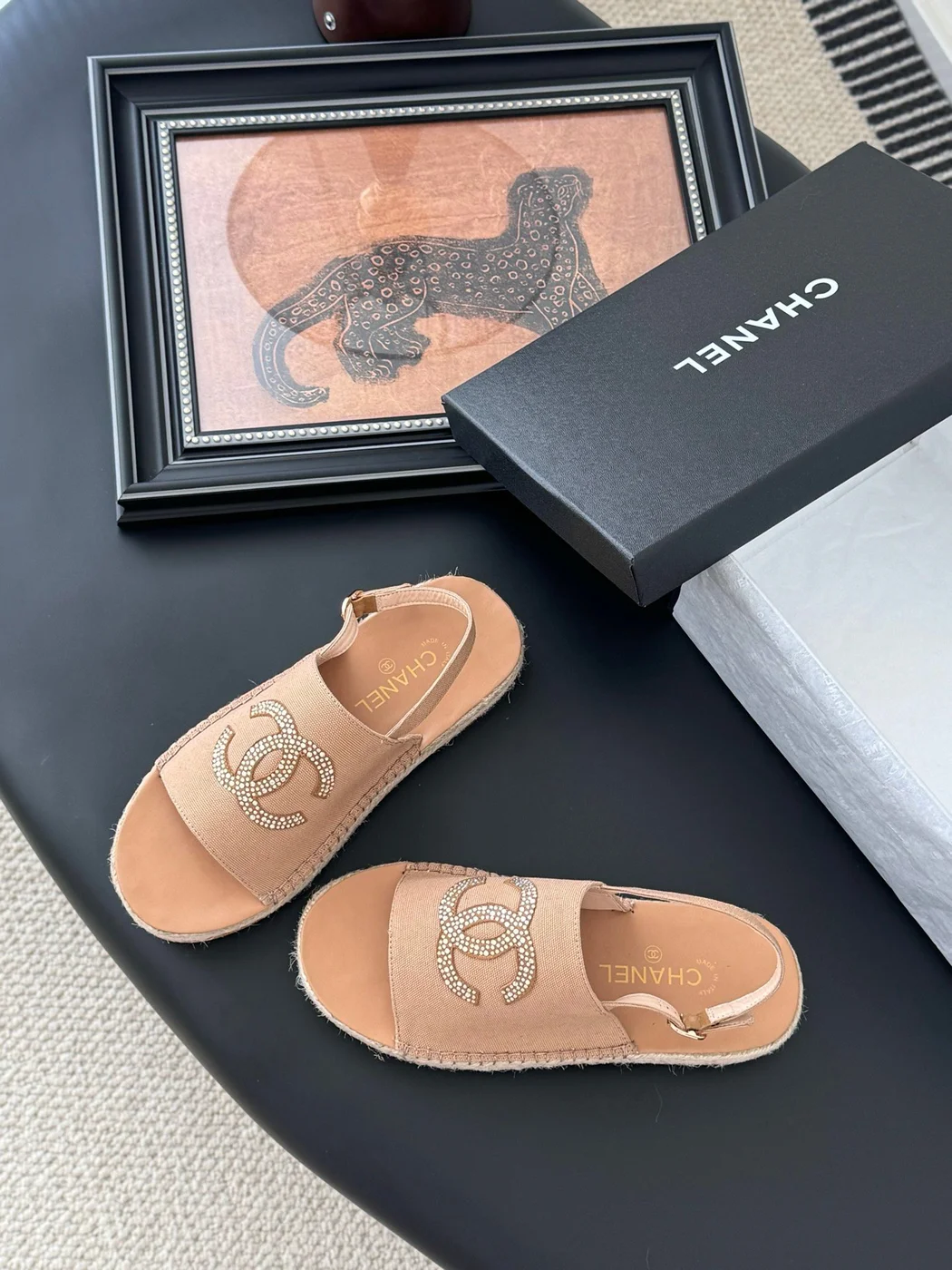 Chanel Women Beige Canvas Crystal Logo Sandals product view 6