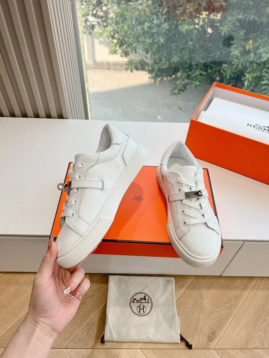 Hermès Women White Low-Top Sneakers — Silver-Tone Buckle Detail product view 6