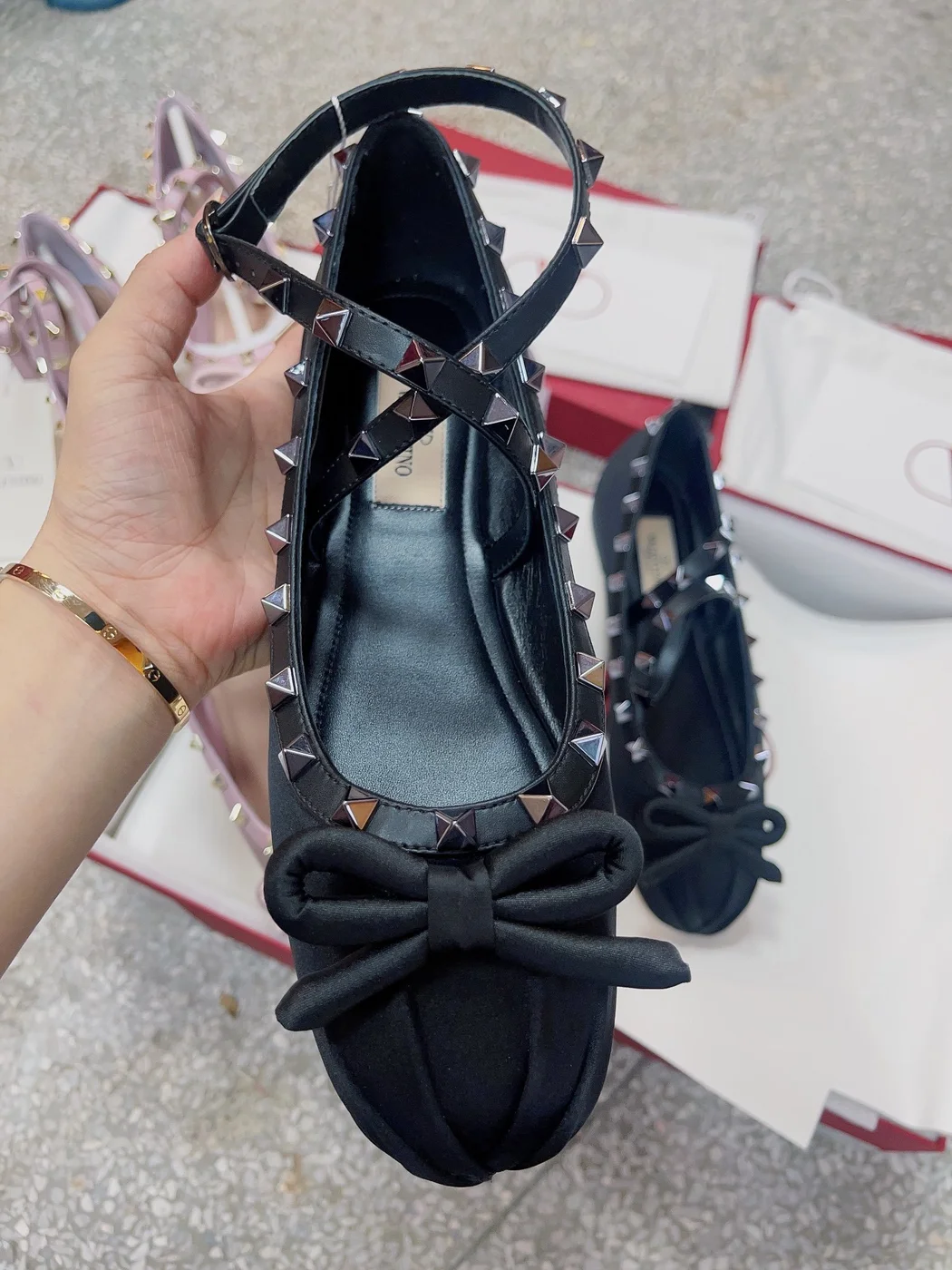 Valentino Women Black Satin Studded Flats product view 3