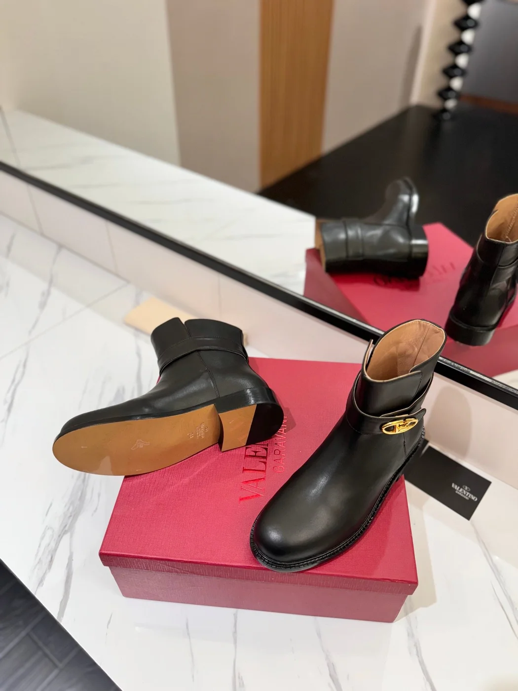 Valentino Women Black Leather Ankle Boots — Low-Heel Chain-Cuff Style product view 2
