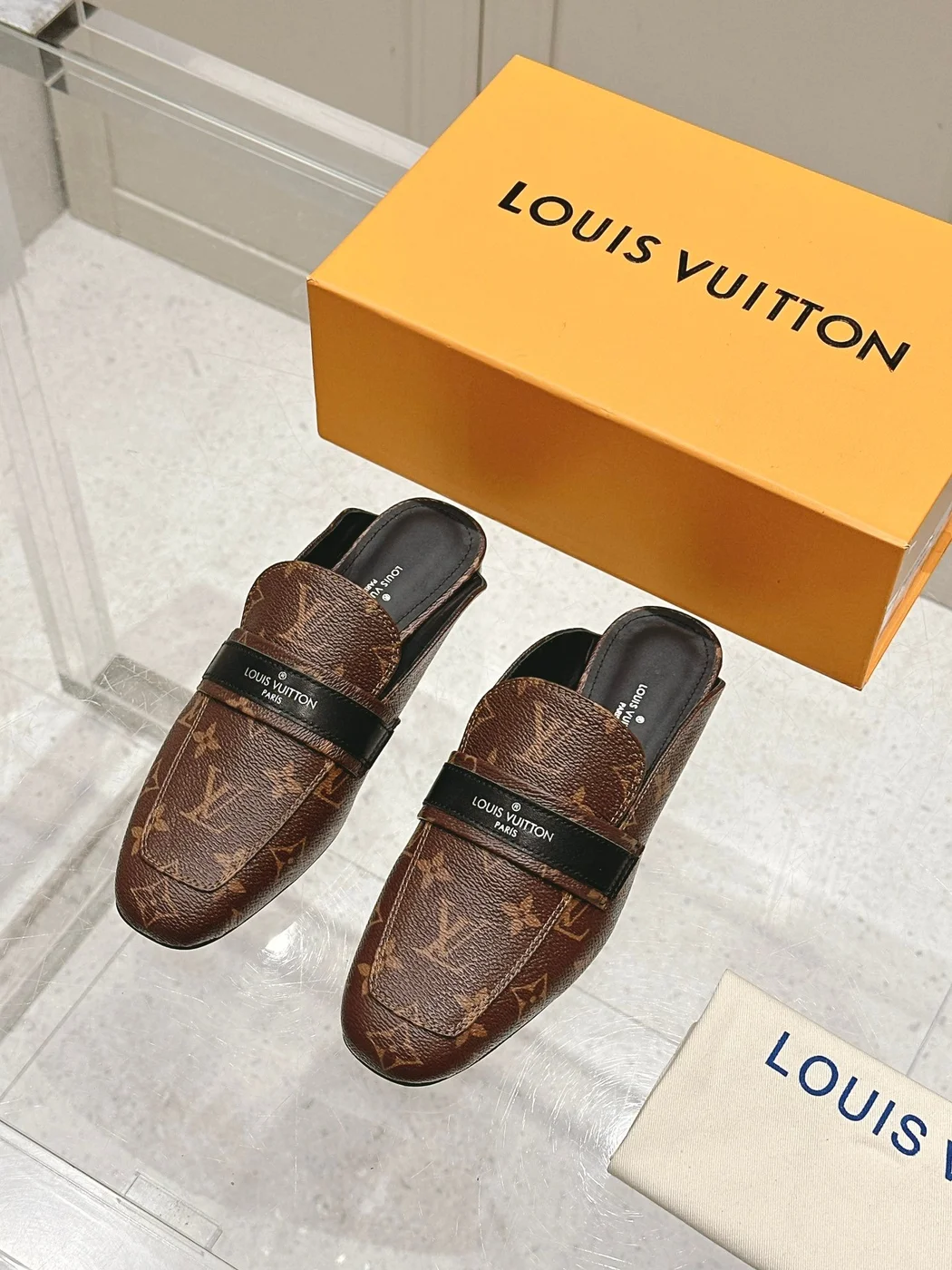 Louis Vuitton Women Brown Leather Monogram Mules — Black Strap Detail product view 1