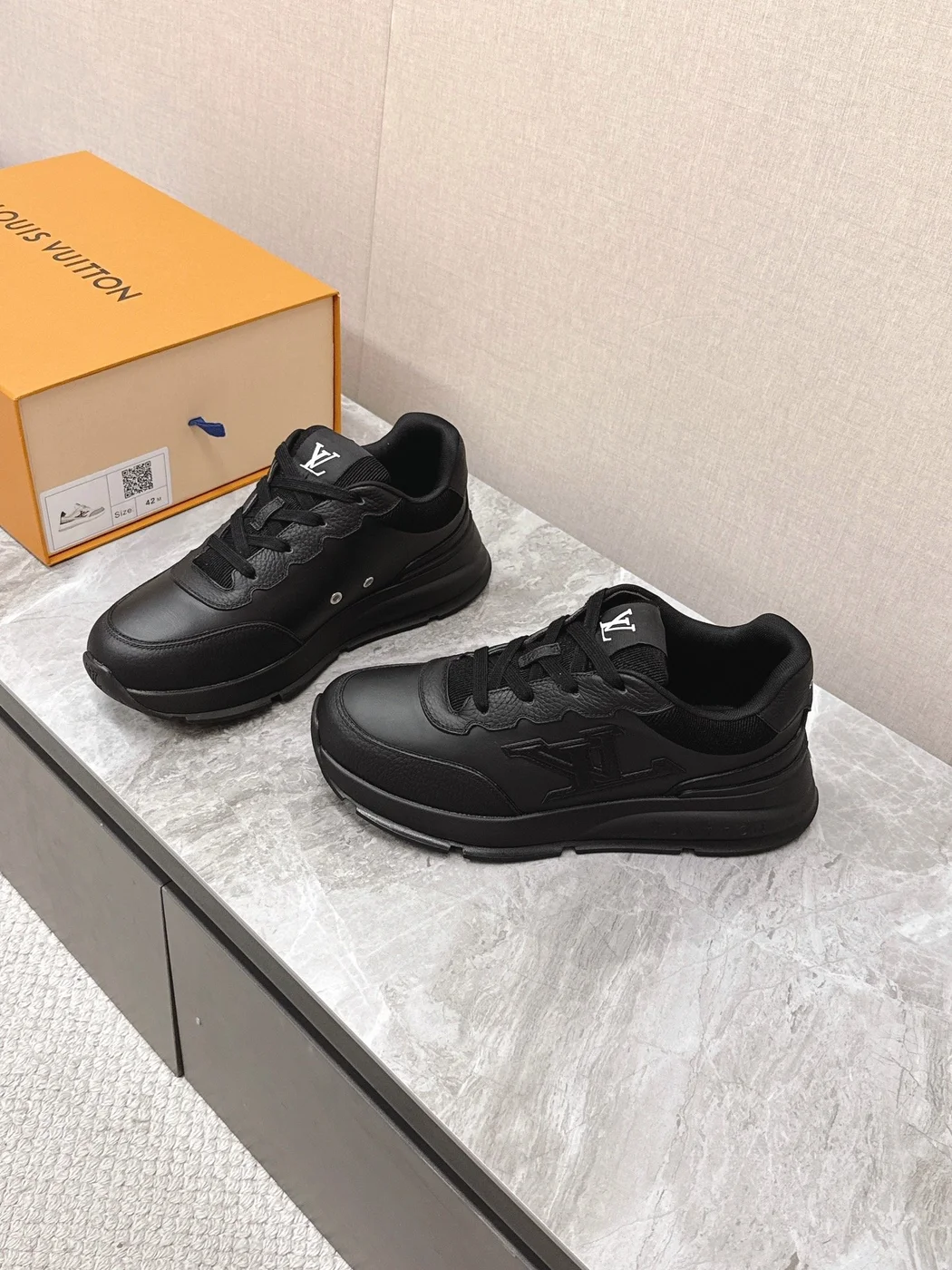 Louis Vuitton Women Black Leather Sneakers — Monogram Side Panels product view 3
