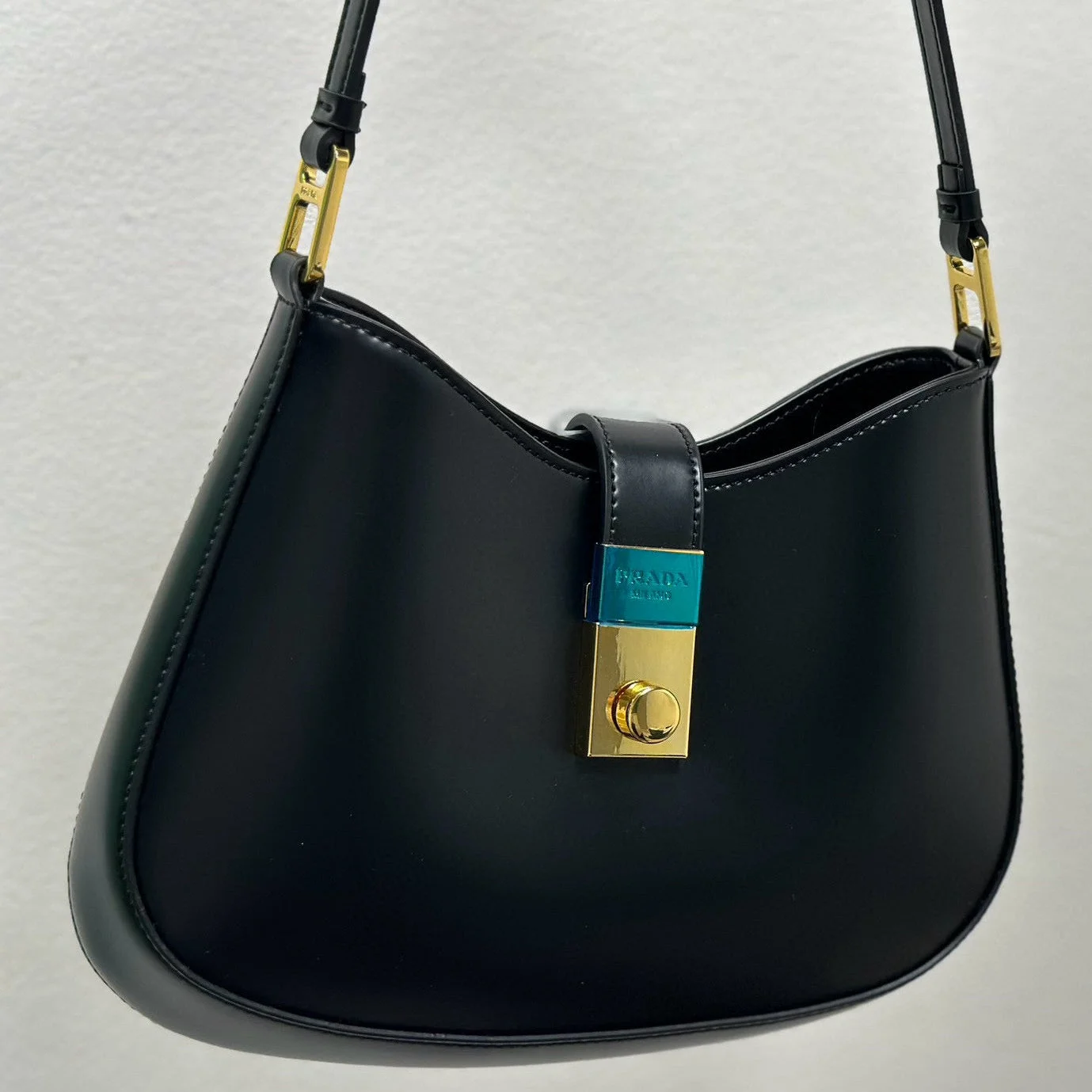 Prada Cleo Shoulder Bag 26 In Black Brushed Lambskin Gold Hardware product view 4