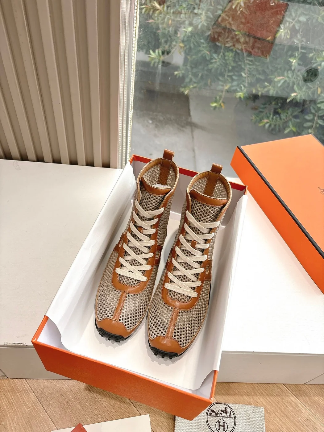 Hermès Women Beige Mesh And Brown Leather Sneakers product view 3