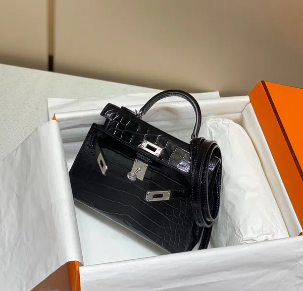 Hermès Mini Kelly In Black Crocodile Skin Silver Hardware Bag product view 8