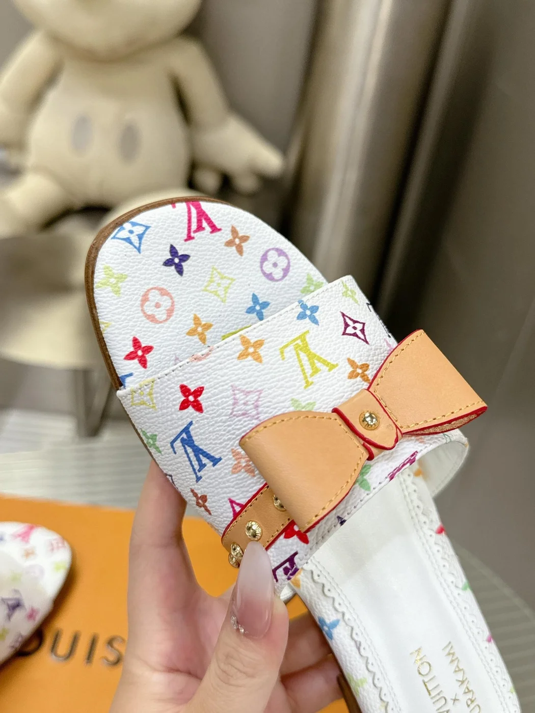 Louis Vuitton Women White Leather Multicolor Monogram Mules product view 2