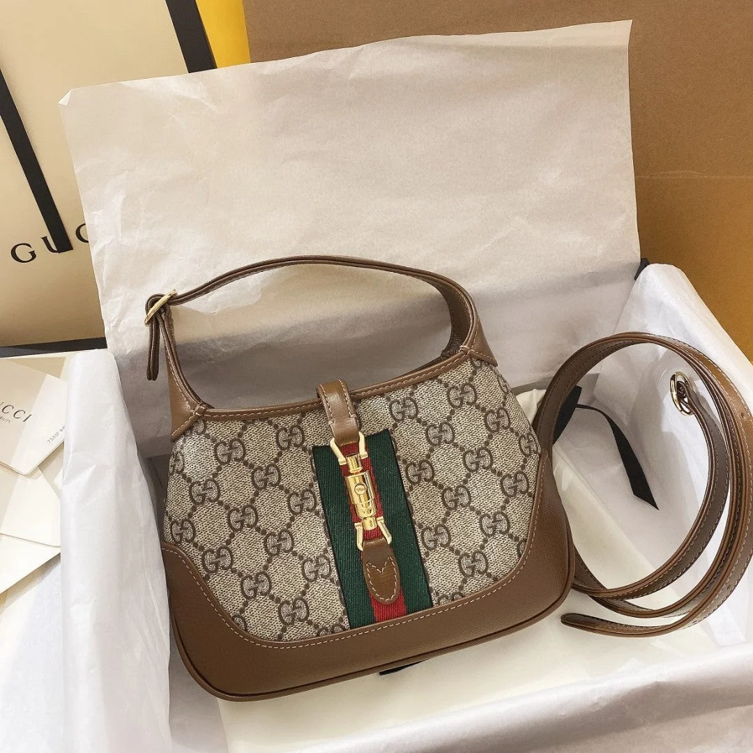 Gucci Jackie 1961 Small 28 Shoulder Bag In Beige Canvas And Brown Calfskin product view 1