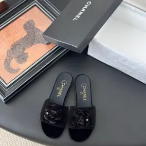 Chanel Women Black Velvet Flower Embellished Slides product photo