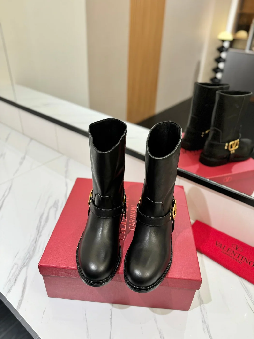 Valentino Women Black Leather Mid-Calf Boots product view 3