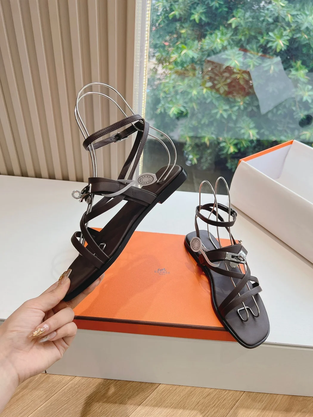 Hermès Women Dark Brown Leather Strappy Sandals product view 6