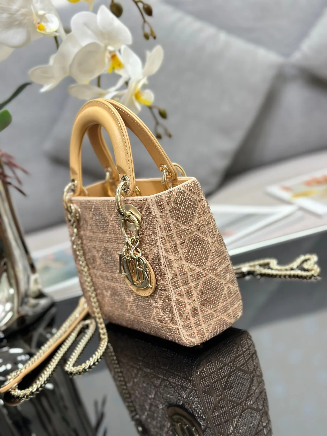 Dior Lady Yellow Beaded Handbag 17x15x7cm product view 7