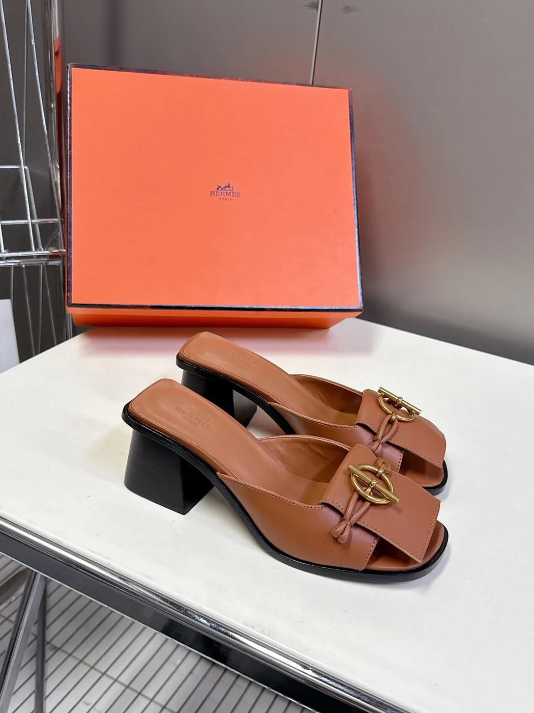 Hermès Women Brown Leather Heels — Open-Toe Buckle Style product view 4