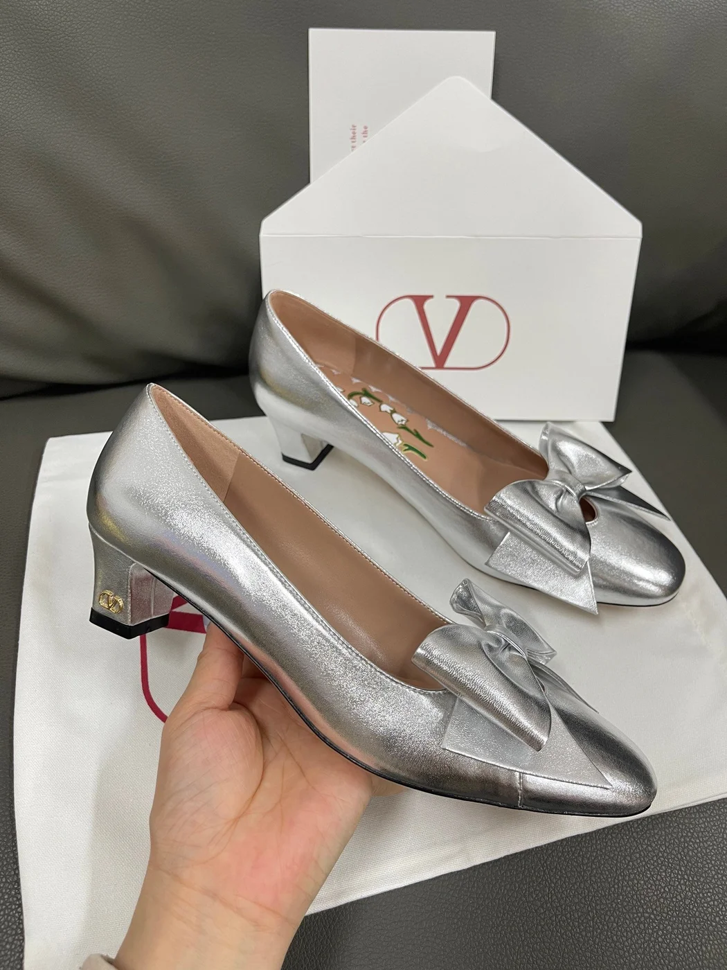 Valentino Women Silver Leather Bow Detail Flats product view 6