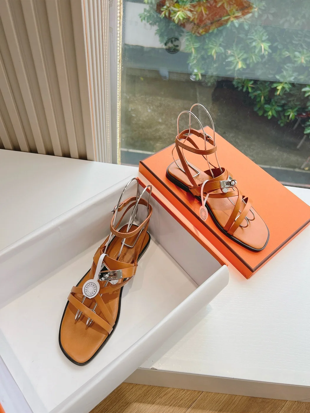 Hermès Women Tan Leather Strappy Sandals product view 4