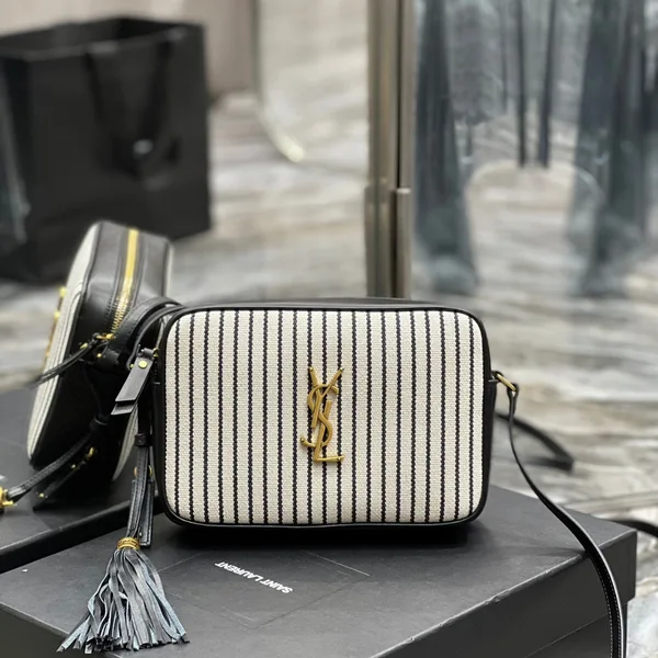 Saint Laurent Lou Medium Saint Laurent Striped Canvas Camera Crossbody Bag In Grey Cream product photo