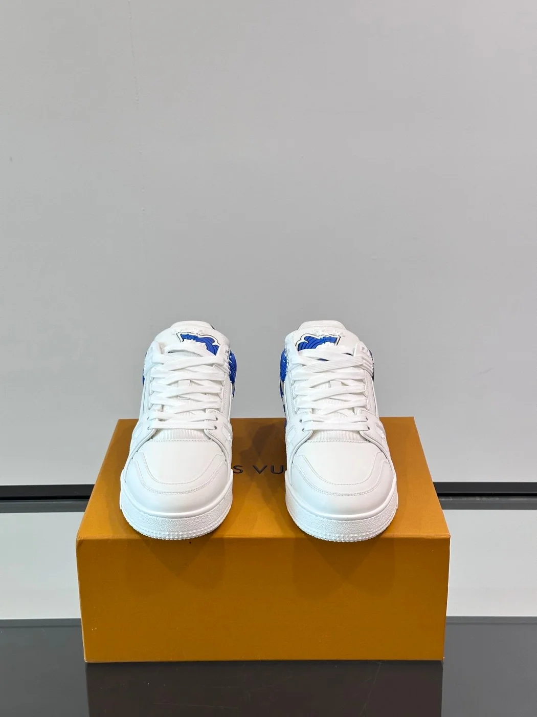 Louis Vuitton Men White and Blue Sneakers — Blue Floral Side Pattern product view 2