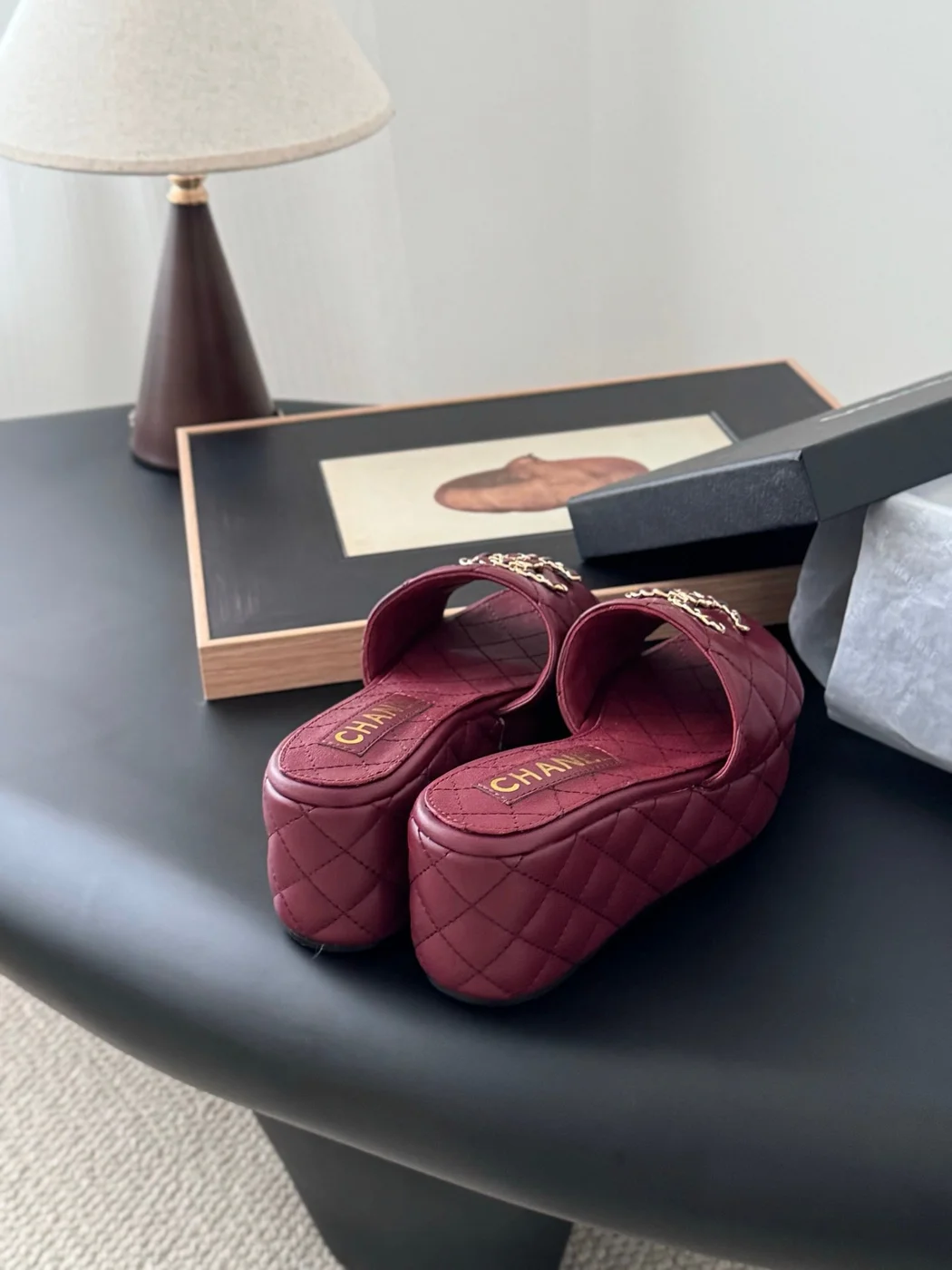 Chanel Women Burgundy Quilted Leather Slides — Chain-Woven CC Detail product view 6