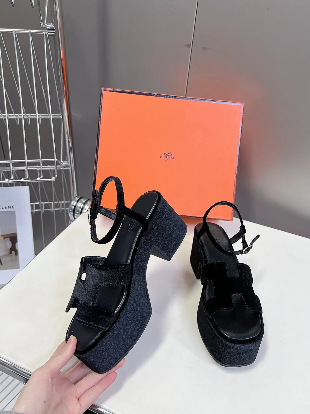 Hermès Women Black Suede Leather Sandals product view 5
