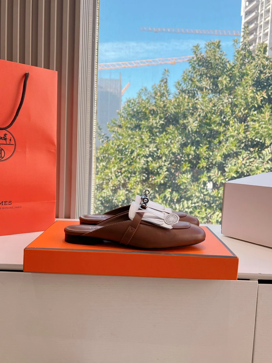 Hermès Women Brown White Leather Fringe Mules product view 2
