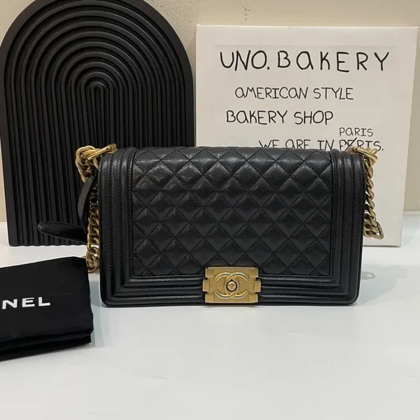 Chanel Boy Handbags Pebbled Leather Black 25.5 cm product photo