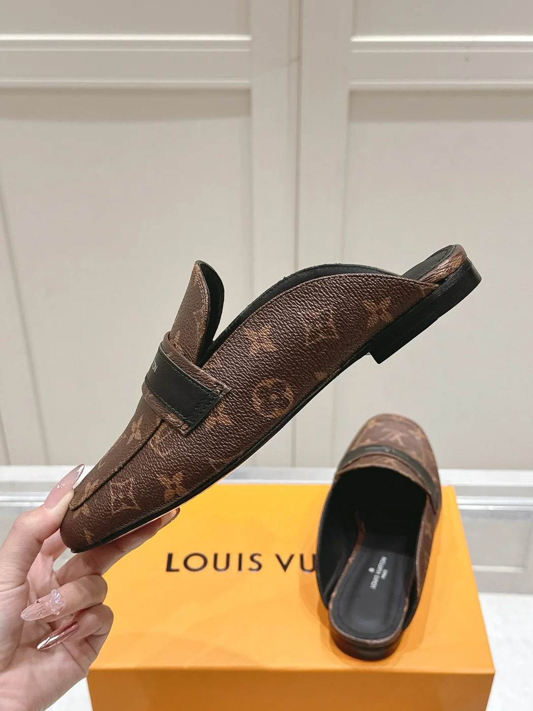 Louis Vuitton Women Brown Leather Monogram Mules — Black Strap Detail product view 6