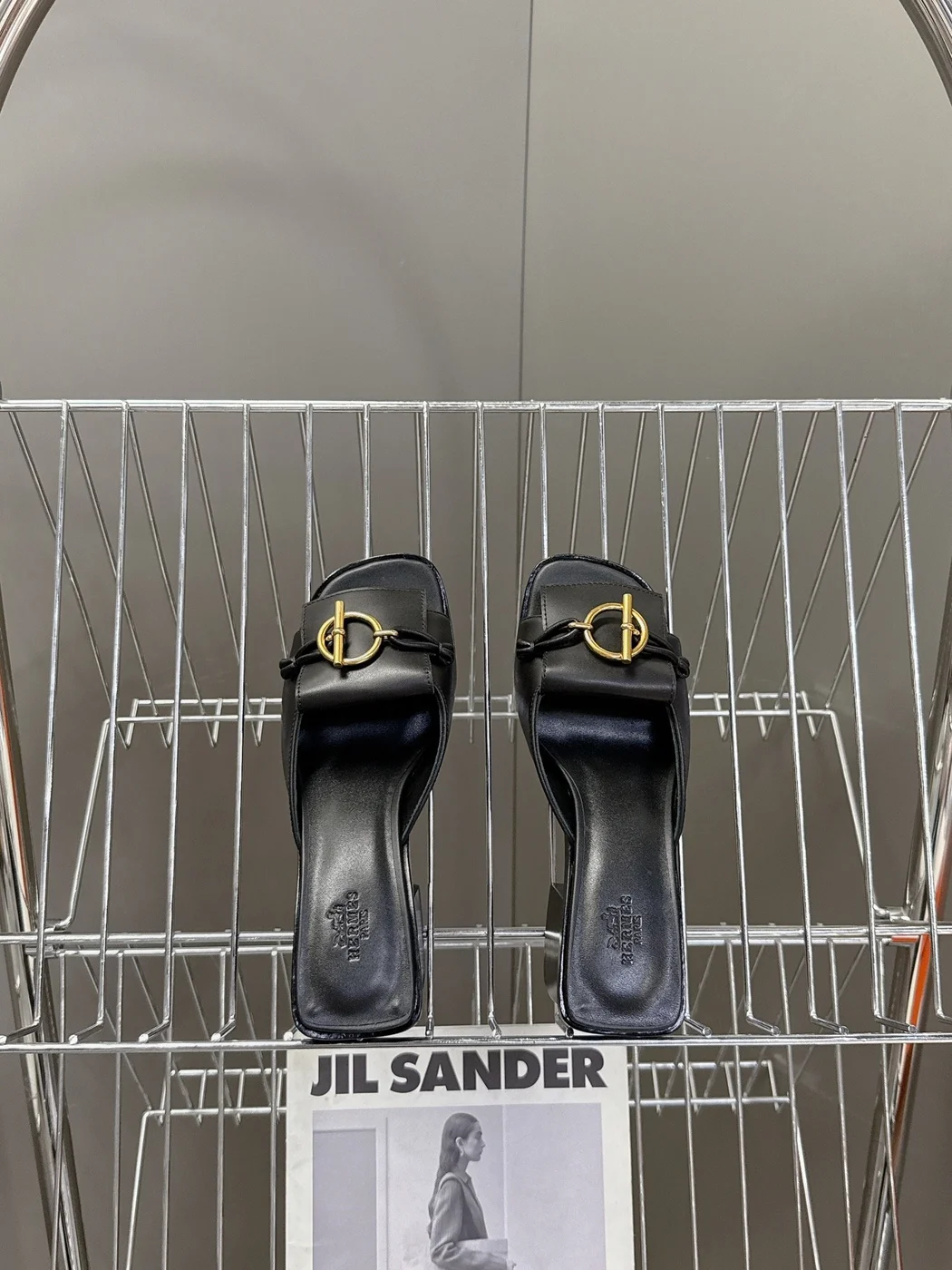Hermès Women Black Leather Mules — Gold-Tone Buckle Open-Toe Style product view 2
