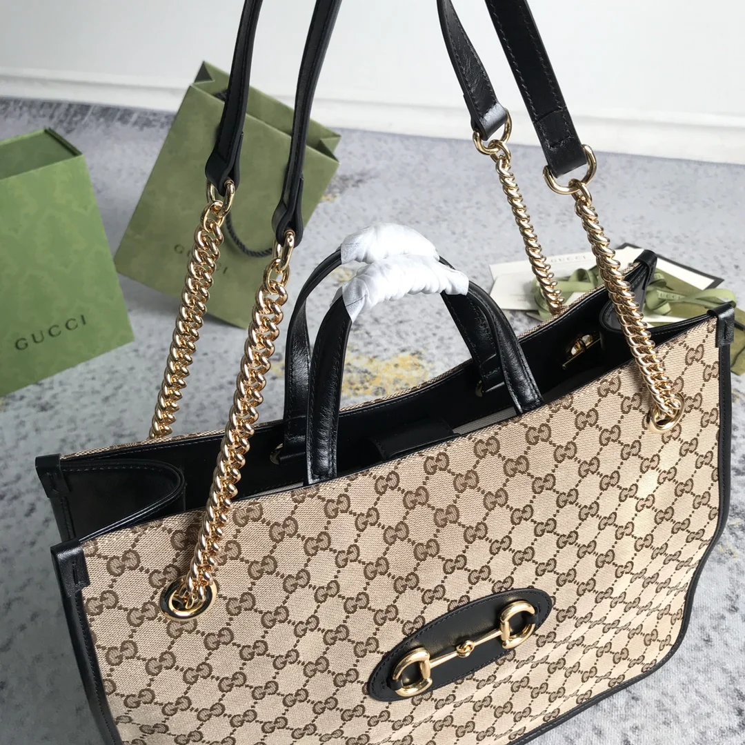 Gucci Brown Large GG Canvas 1955 Horsebit Chain Tote Beige product view 5