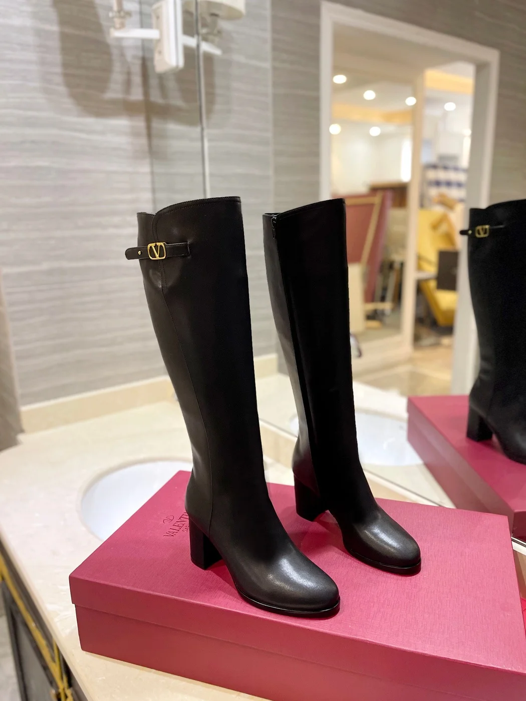 Valentino Women Black Leather Knee High Boots — Upper-Shaft Buckle Detail product view 1