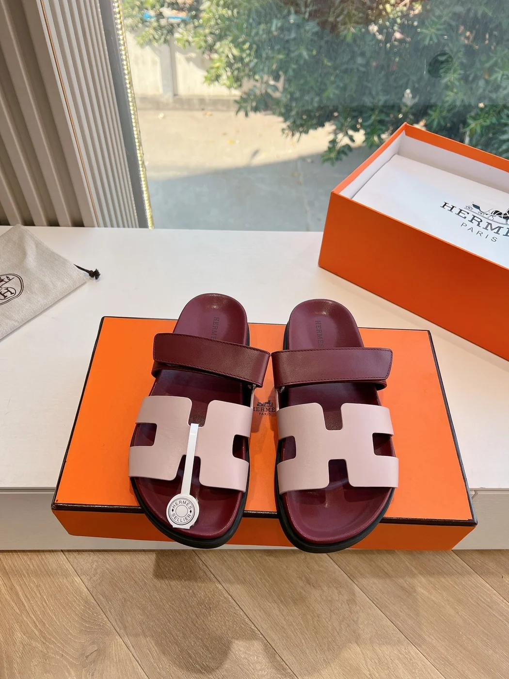 Hermès Women Burgundy Leather Pink Accent Sandals product view 1