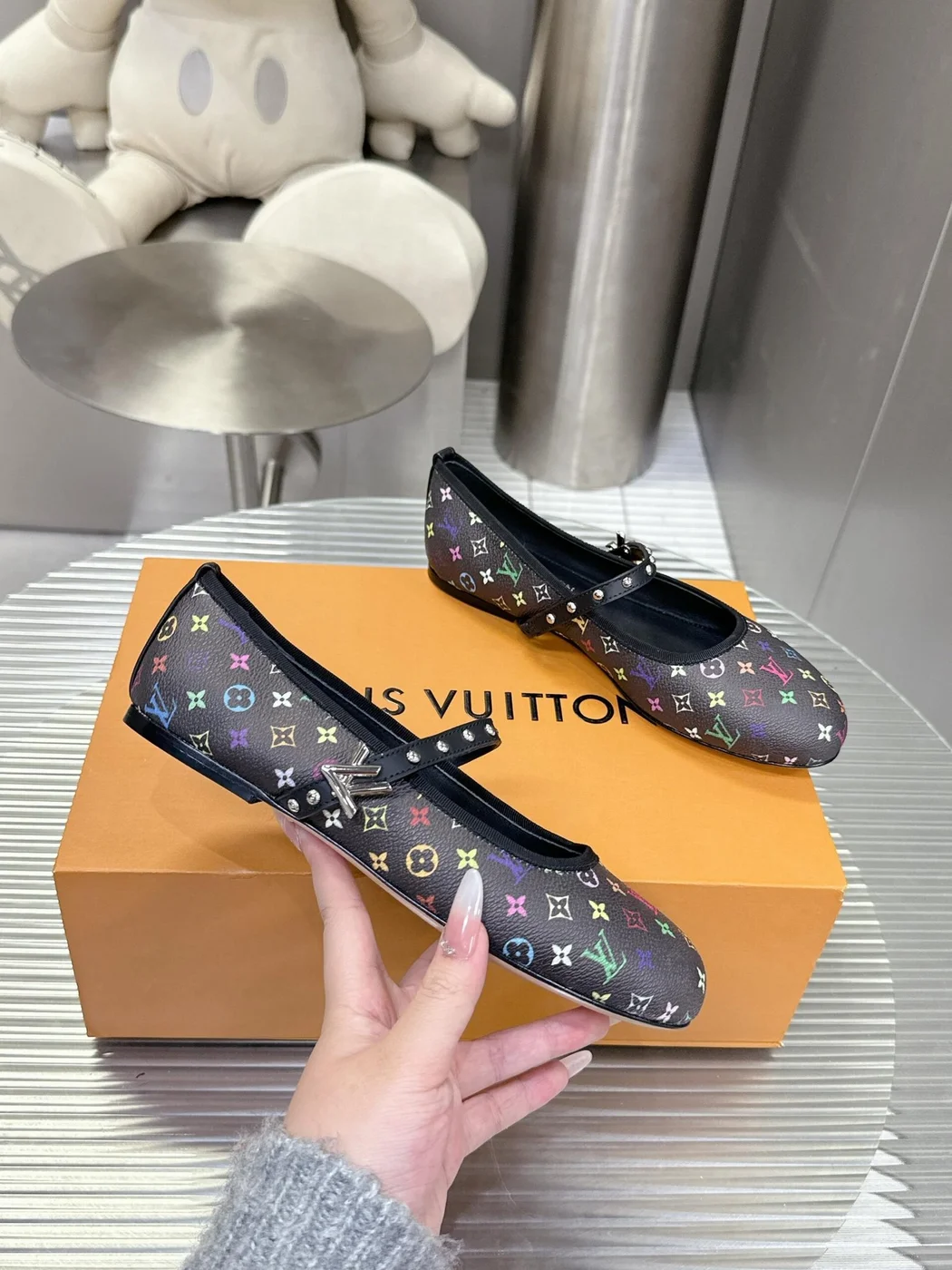 Louis Vuitton Women Black Leather Multicolor Monogram Mary Jane Flats product view 6