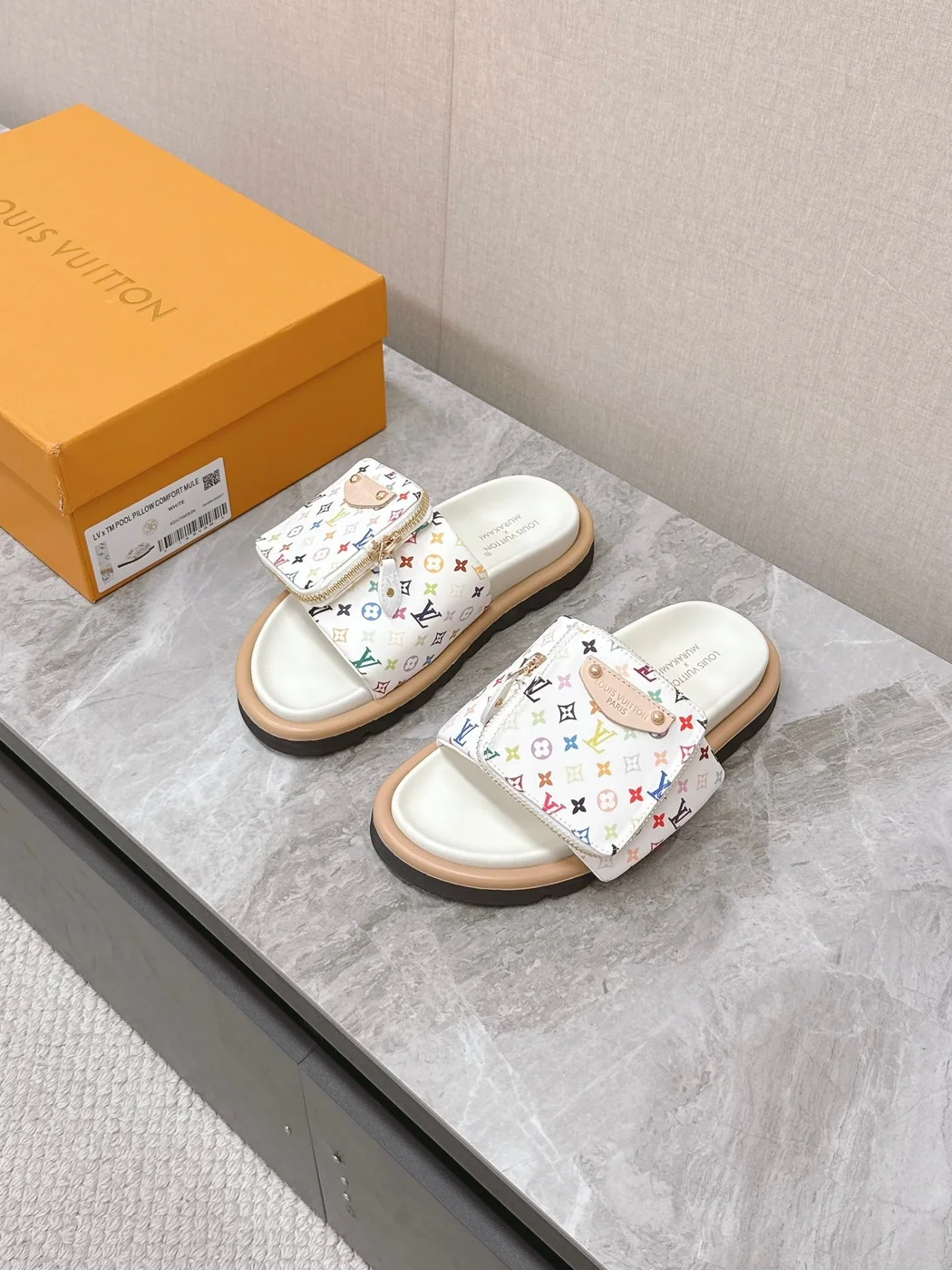 Louis Vuitton Women White Leather Multicolor Logo Mules product view 1