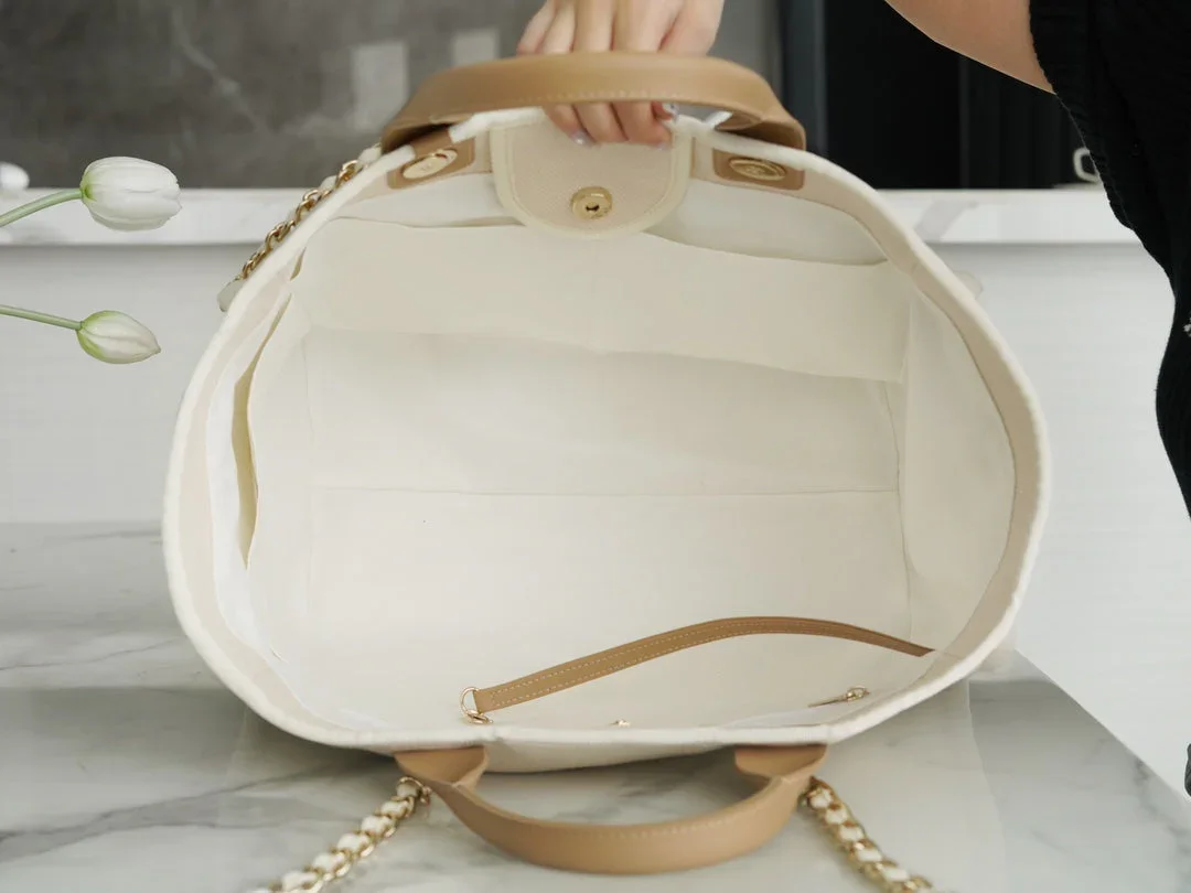 Chanel Tote Bag 39 Attached Pearl Logo In Beige Canvas Gold Hardware product view 2