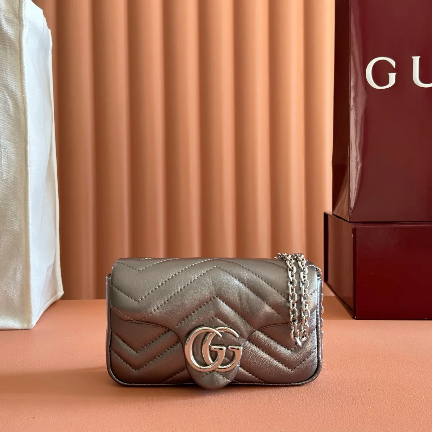 Gucci GG Marmont Bag 16 In Warm Gray Brown Lambskin product view 1