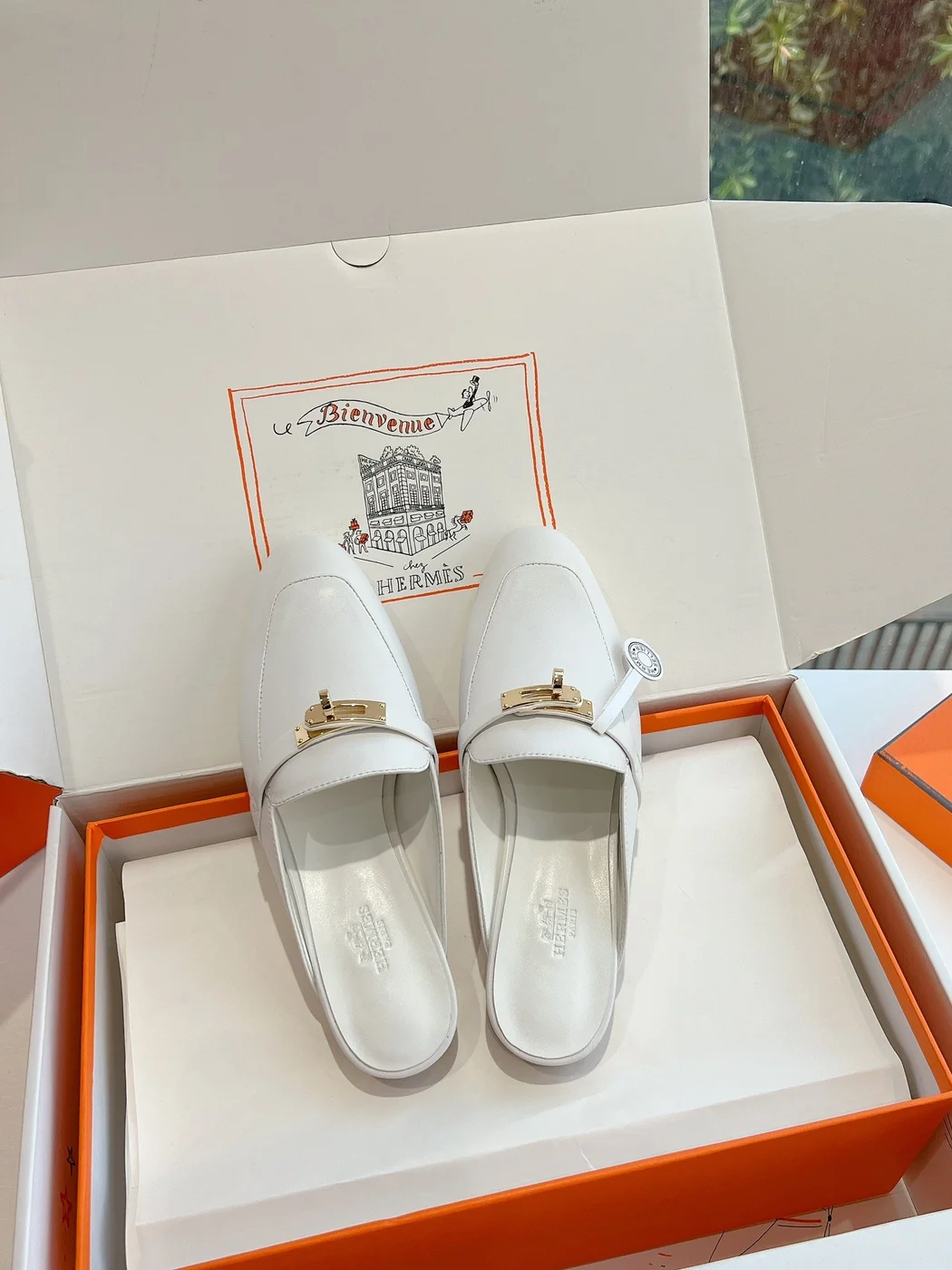 Hermès Women White Leather Mules — Metal-Bar Loafer Style product view 4