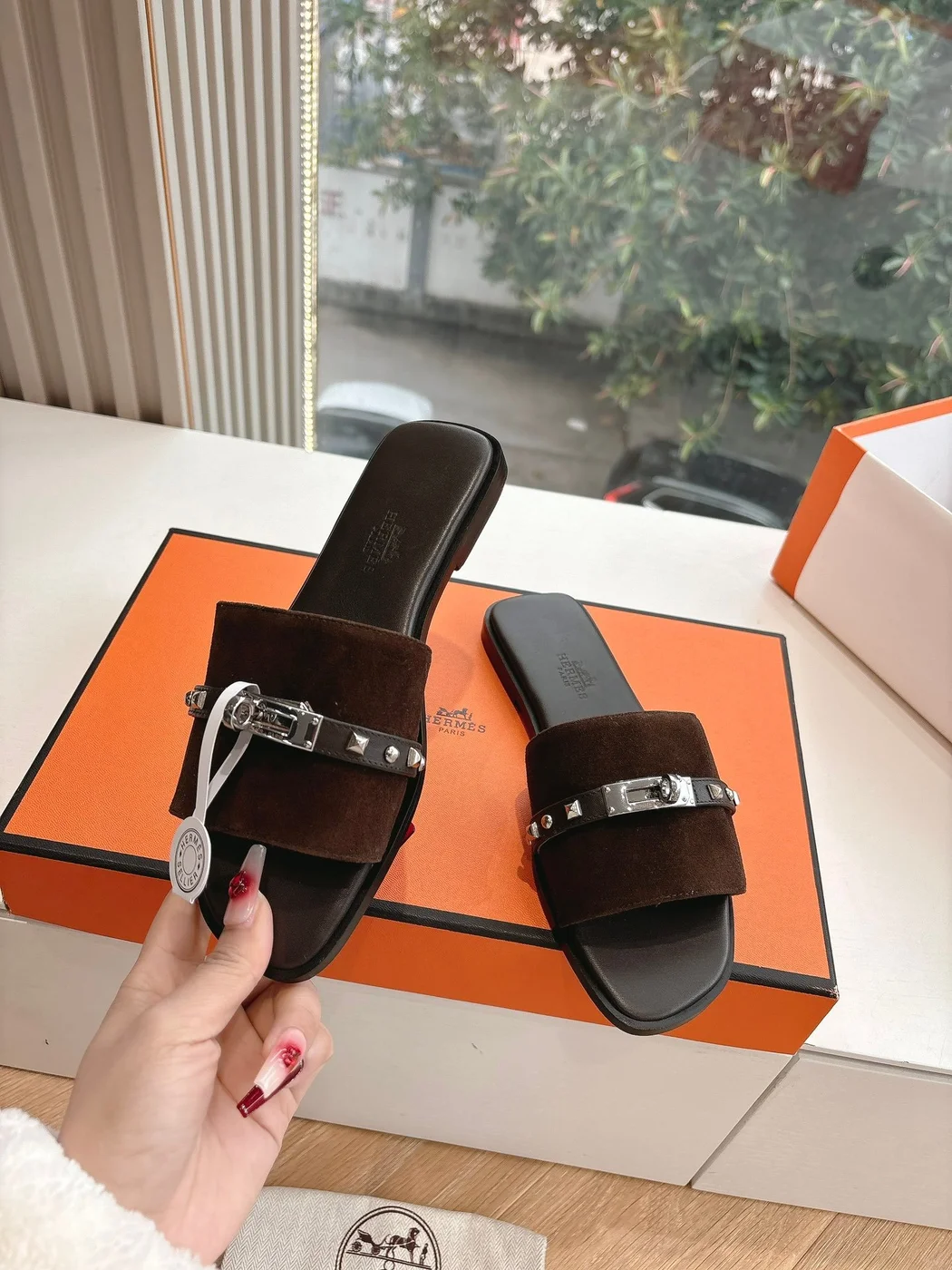 Hermès Women Dark Brown Suede Leather Strap Mules product view 6