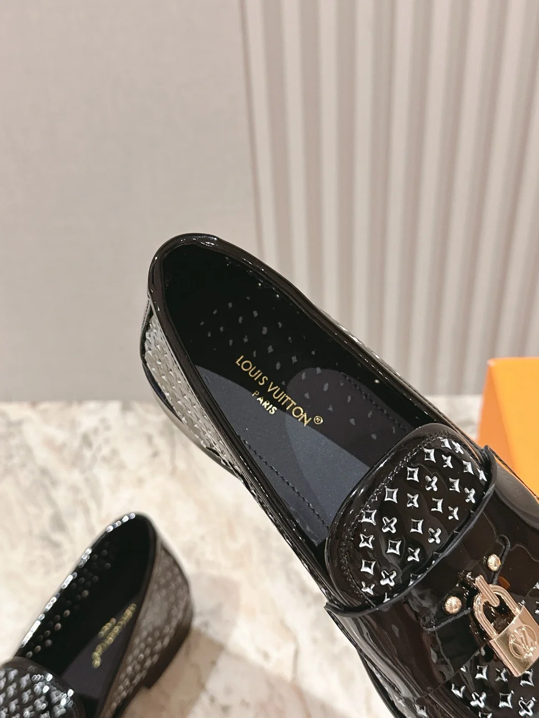 Louis Vuitton Women Black Patent Leather Loafers — Tonal Patterned Upper product view 2